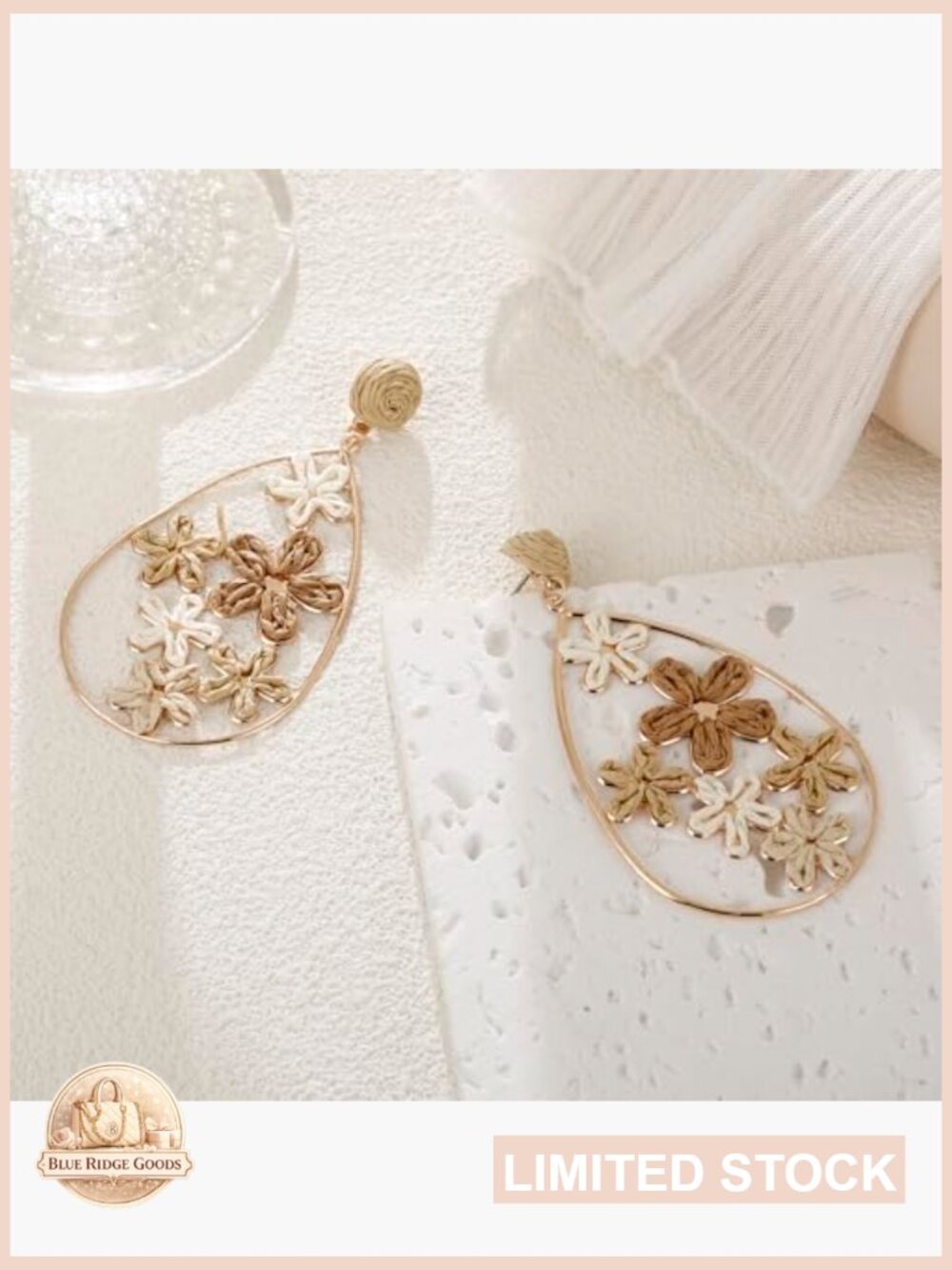 Handmade Raffia Flower Earrings Teardrop Dangle Statement - Picture 5 of 7